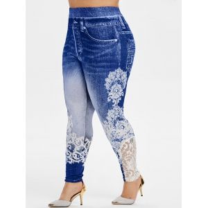 

Plus Size High Rise Lace Panel 3D Print Jeggings, Denim dark blue
