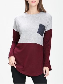 Front Pocket Colorblock Sweater - RED WINE - S