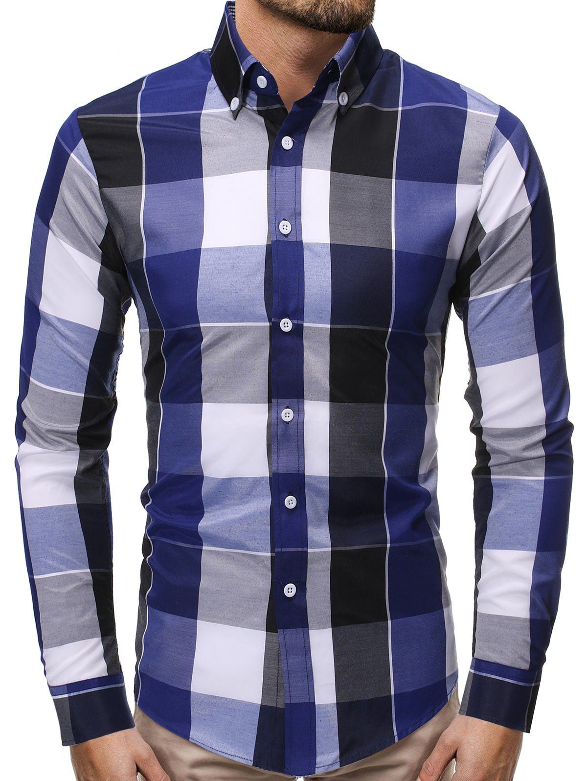 

Contrast Checkered Print Long Sleeve Button Shirt, Blue
