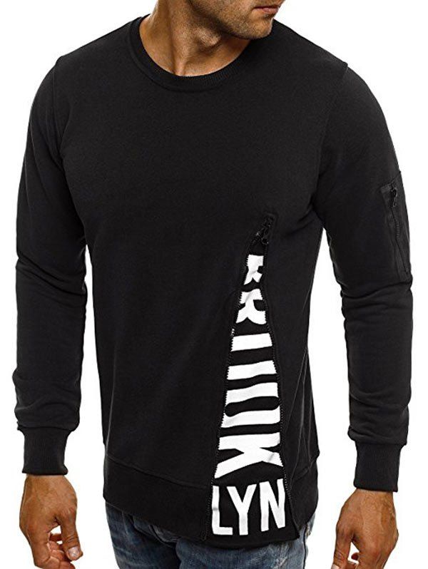 

Letter Print Zipper Pocket Crew Neck Sweatshirt, Black