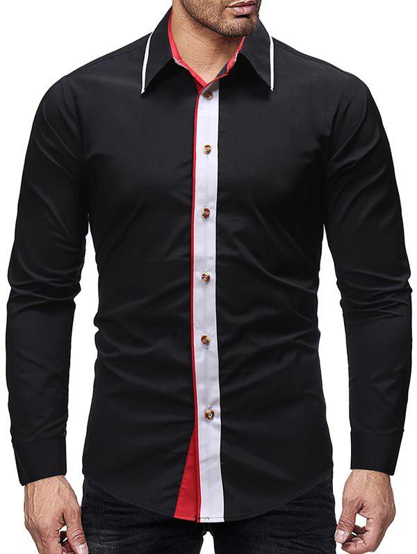 

Contrast Color Splicing Button Slim Fit Shirt, Black