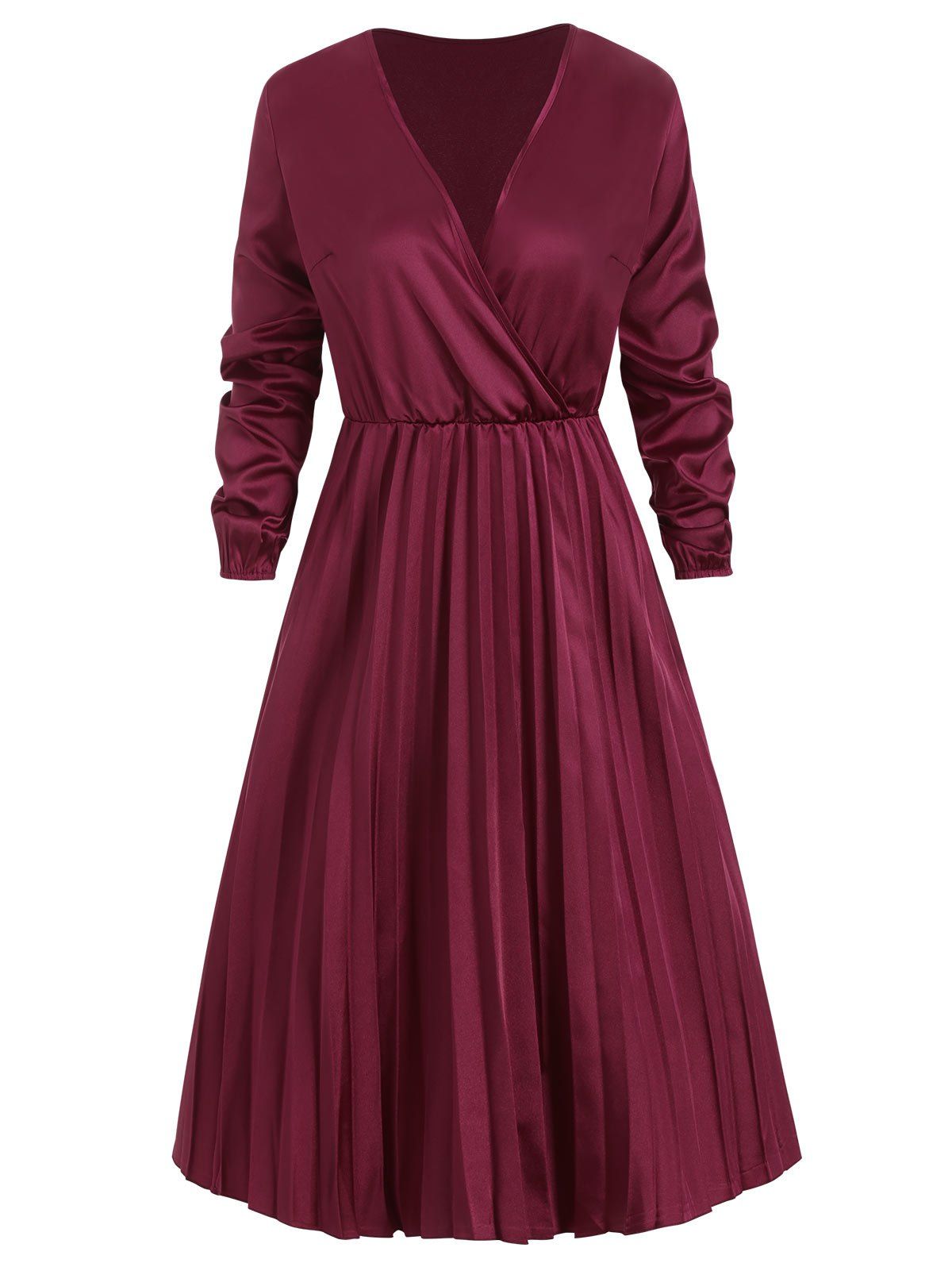 [52% OFF] V Neck Satin Long Sleeves Pleated Dress | Rosegal