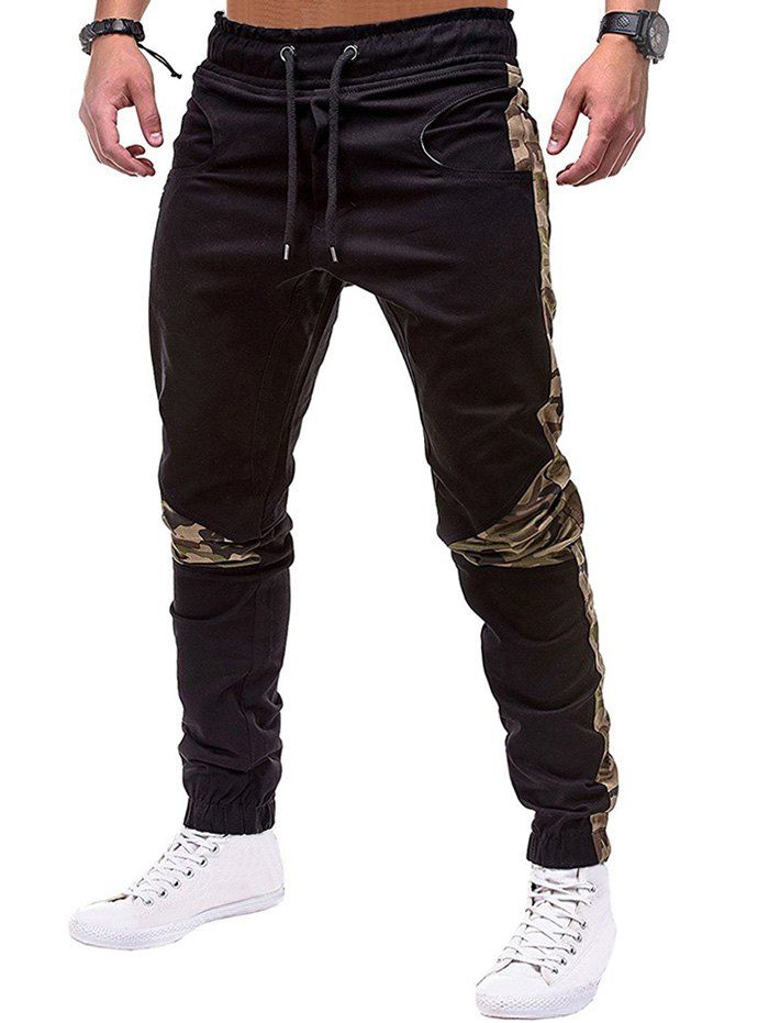 

Camouflage Print Spliced Drawstring Jogger Pants, Black