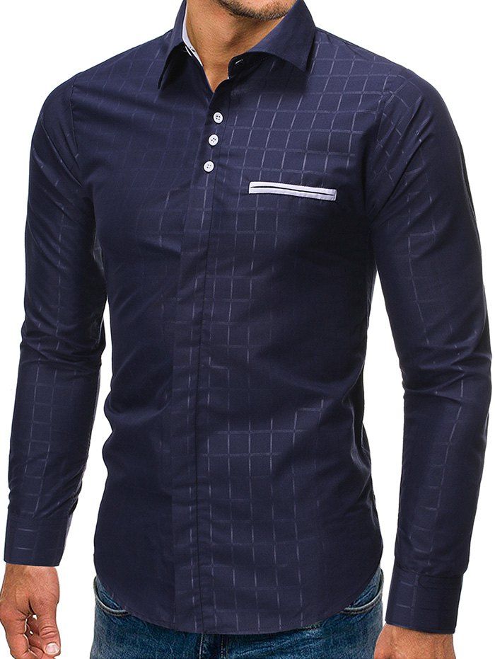 

Checkered Print Faux Pocket Button Shirt, Cadetblue