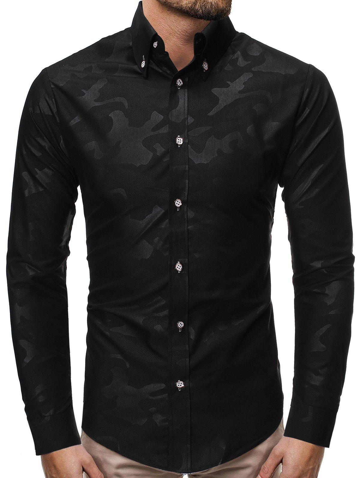

Camouflage Print Curved Hem Button Slim Fit Shirt, Black