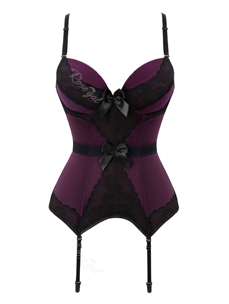 

Plus Size Spaghetti Strap Mesh Bowknot Push Up Waist Trainer Corset, Plum velvet