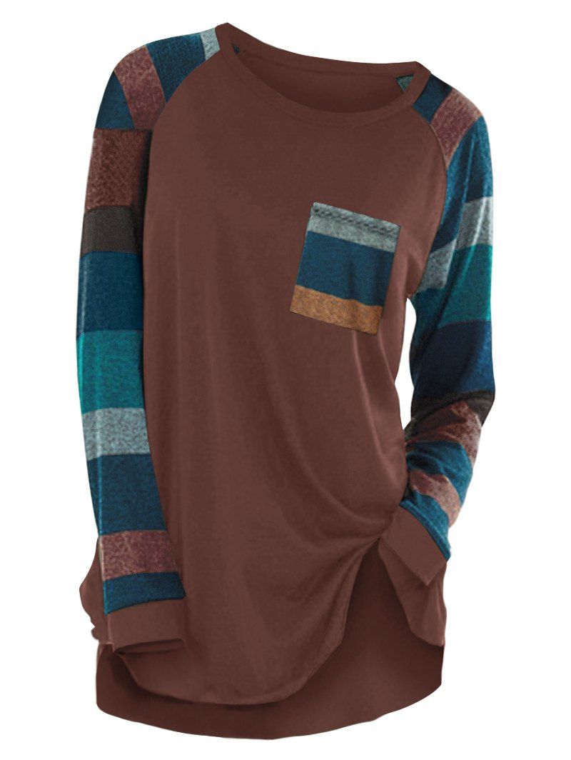 

Raglan Sleeve Striped Pocket Longline T-shirt, Coffee