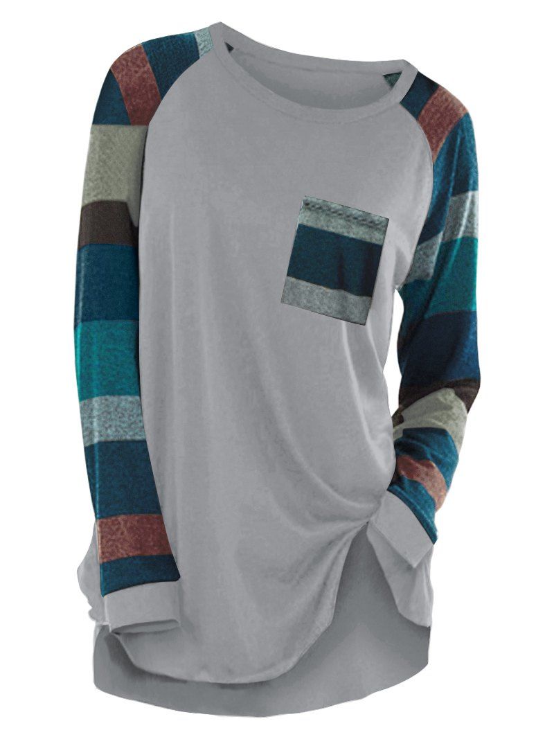 

Raglan Sleeve Striped Pocket Longline T-shirt, Light gray