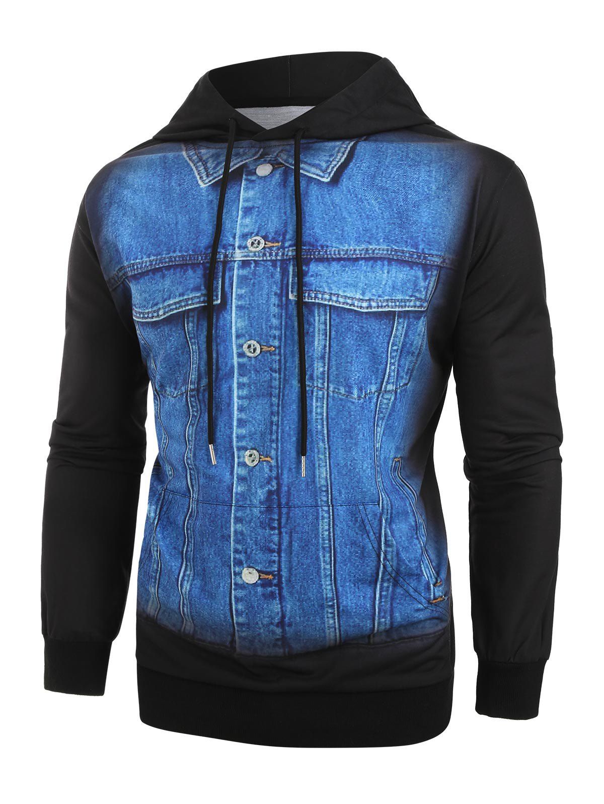 

Plus Size Denim Print Kangaroo Pocket Pullover Hoodie, Black