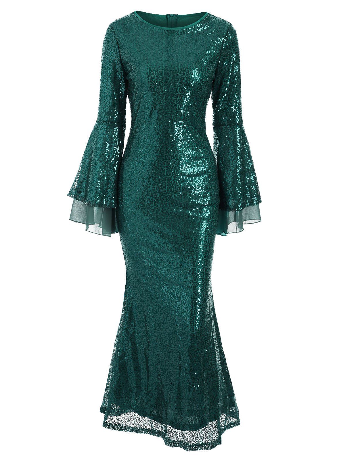 

Flare Sleeves Sequined Round Neck Maxi Dress, Green