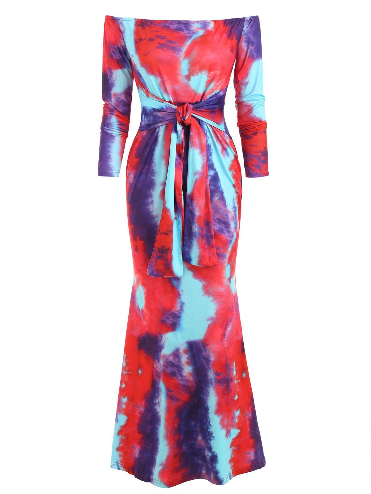 

Off Shoulder Tie Dye Knotted Flare Dress, Red