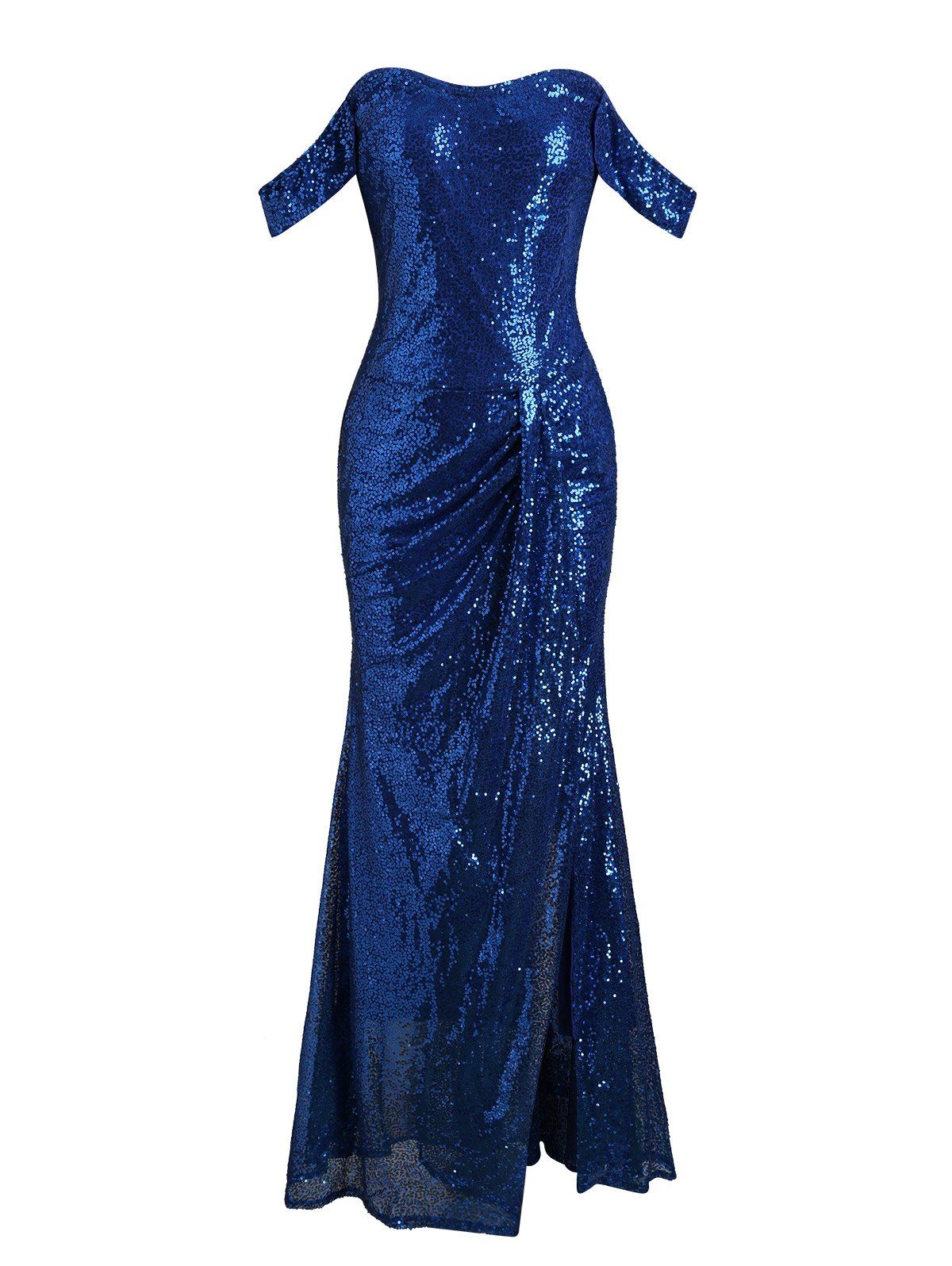 

Off Shoulder Gathered Sequined Sheath Maxi Dress, Blue