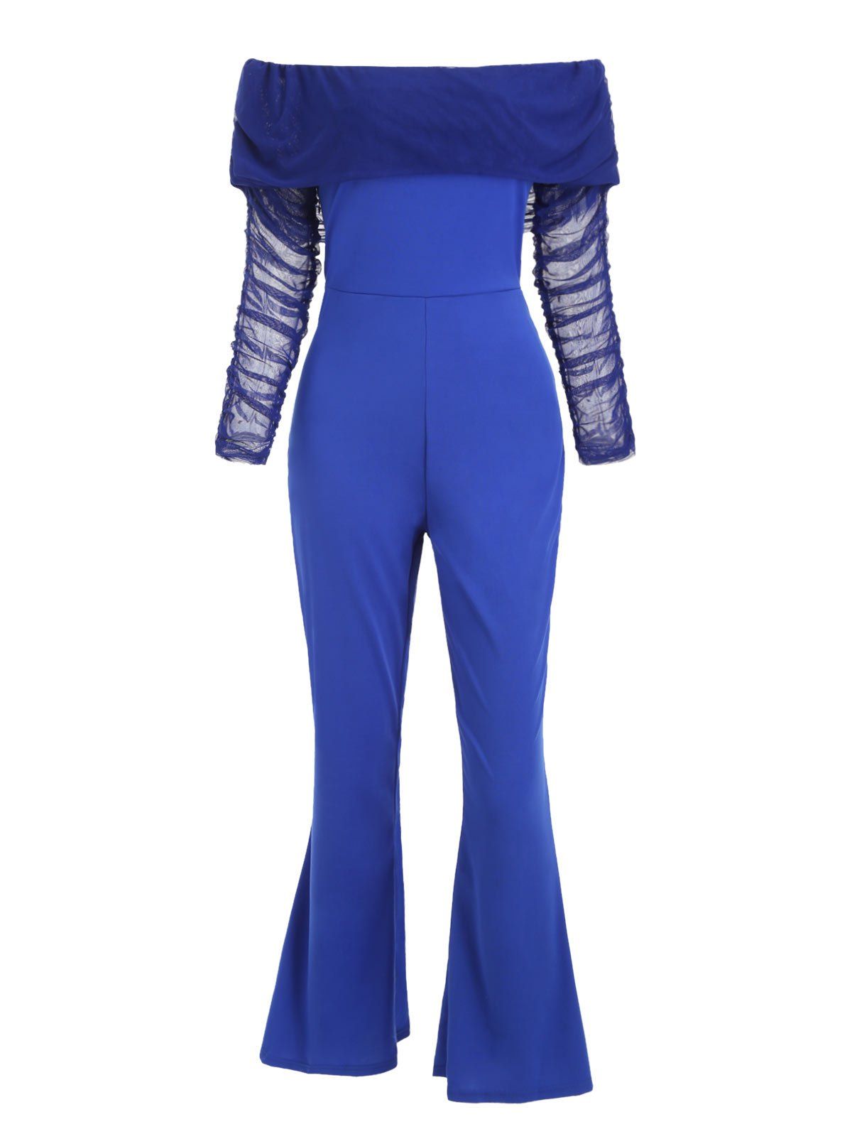 

Off Shoulder Mesh Panel Long Sleeves Jumpsuit, Blue