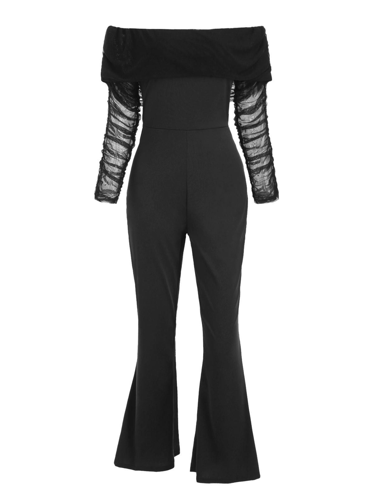 

Off Shoulder Mesh Panel Long Sleeves Jumpsuit, Black