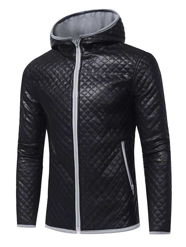 Buy Contrast Trim Zipper Hooded Quilted Jacket  