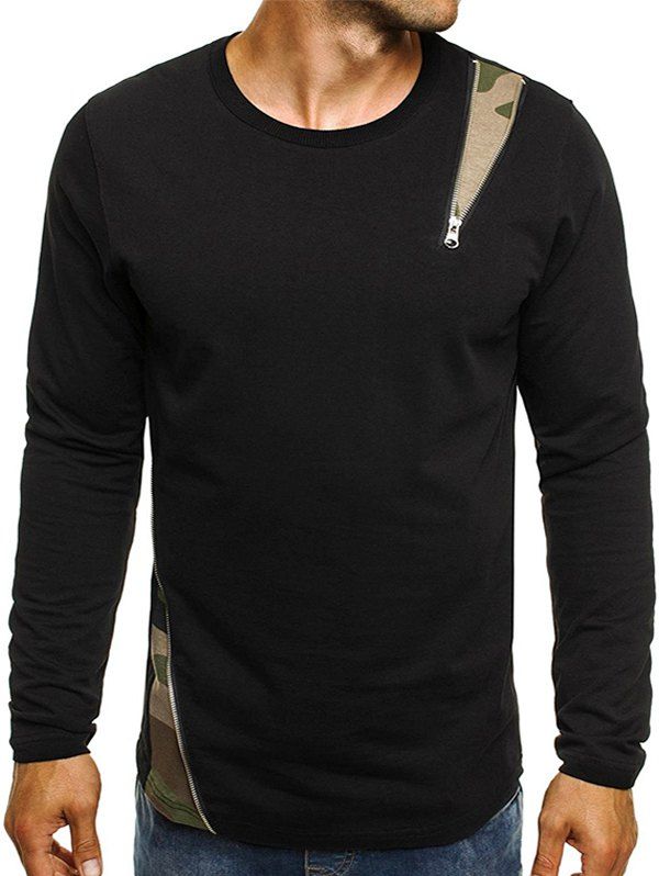 

Zipper Patchwork Spliced Long Sleeve Slim Fit Tee, Camouflage green