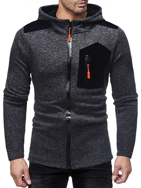 

Contrast Pocket Zip Up Heathered Hoodie, Black