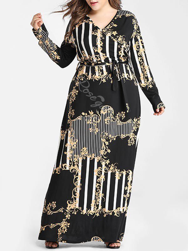 

Belted Printed Stripes Surplice Plus Size Maxi Dress, Black
