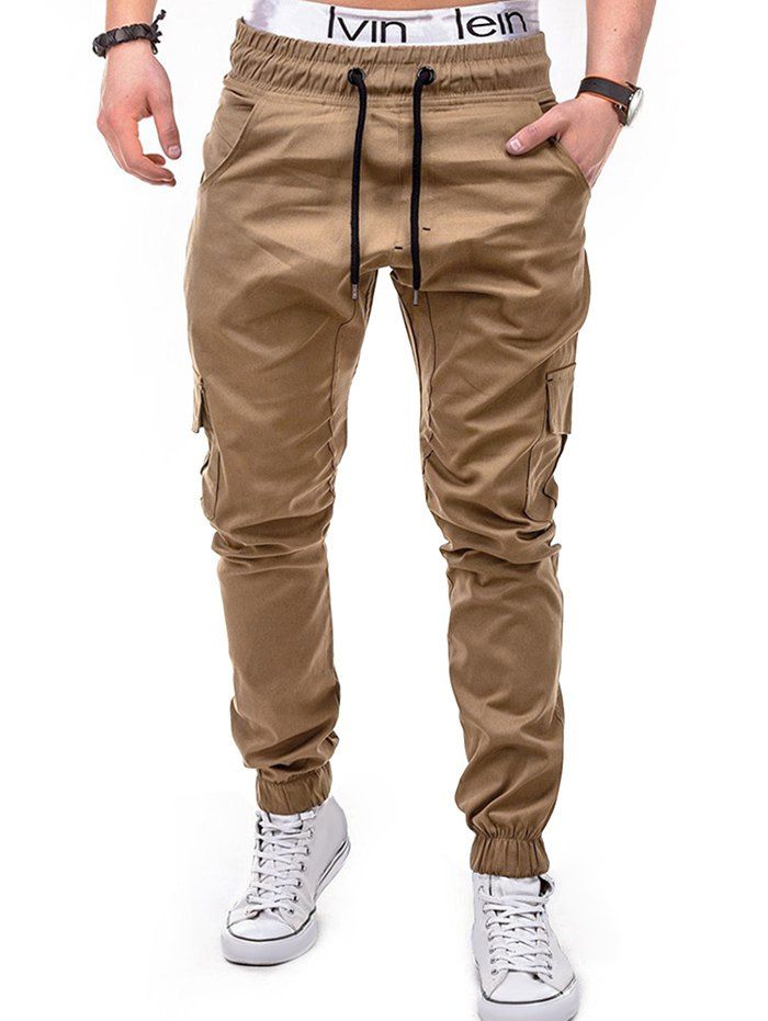 

Solid Color Flap Pocket Drawstring Jogger Pants, Khaki