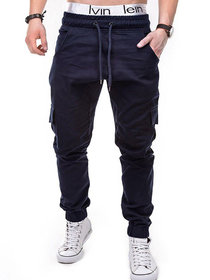 

Solid Color Flap Pocket Drawstring Jogger Pants, Cadetblue