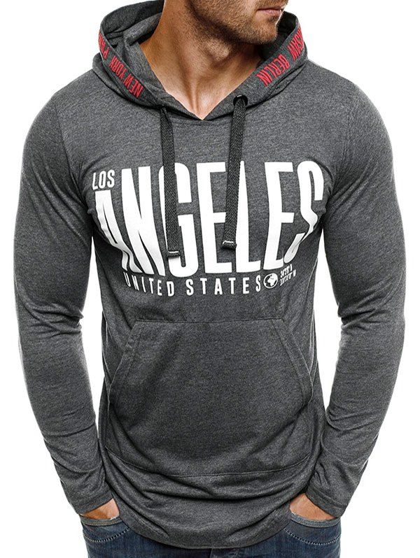 

Los Angeles Letter Graphic Curved Hem Drawstring Hoodie, Gray