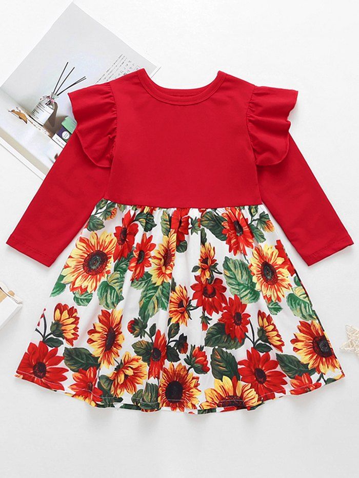 

Girls Floral Print Ruffled Sleeve A Line Dress, Red