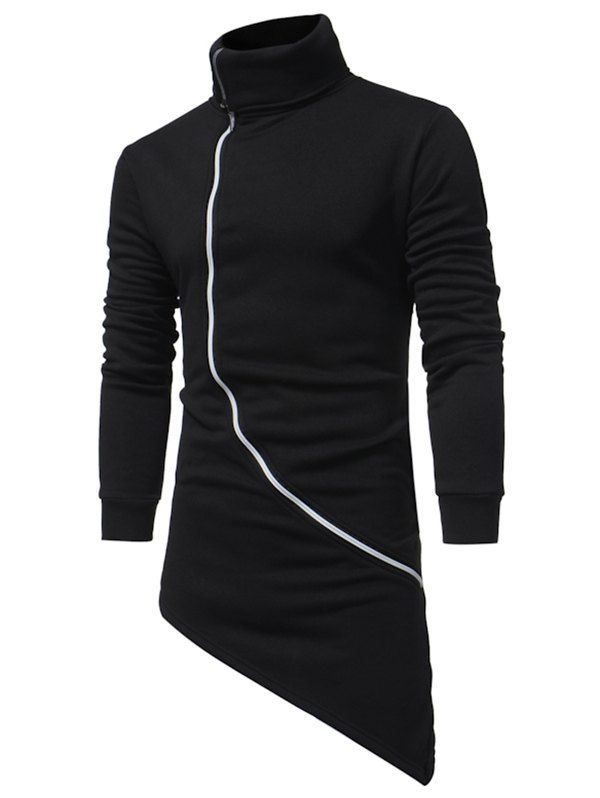 

High Low Zipper Solid Longline Fleece Zipper Sweatshirt, Black