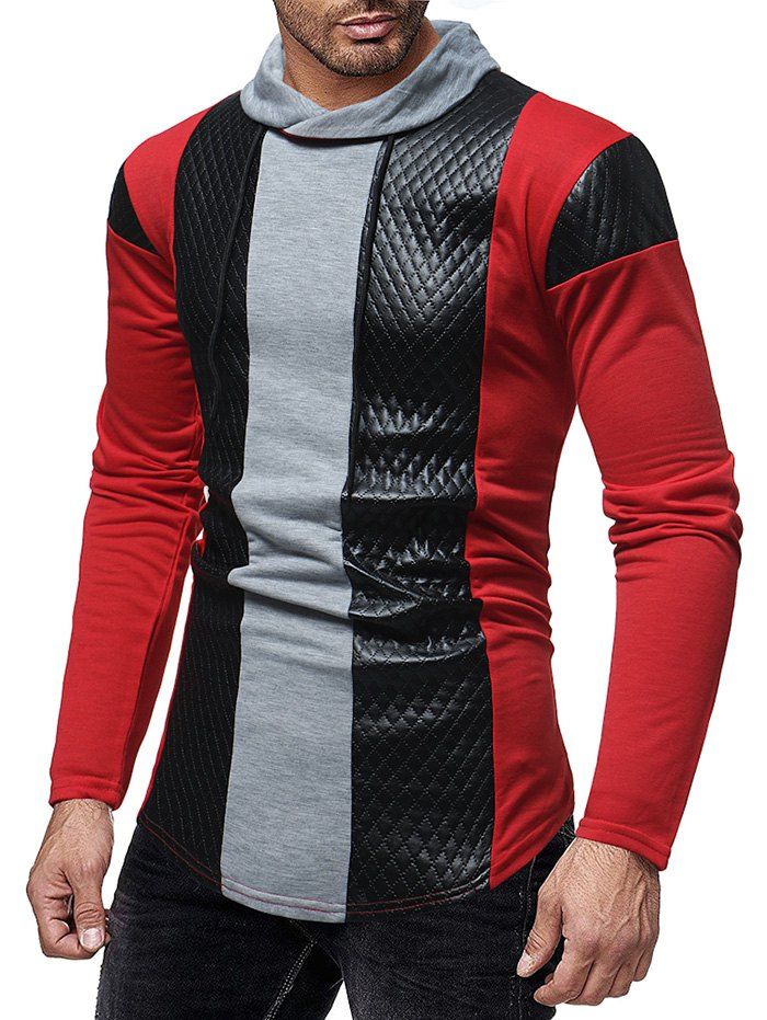 

Contrast Color Faux Leather Spliced Drawstring Sweatshirt, Red