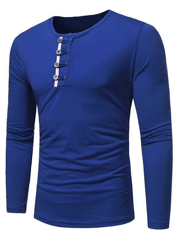 

Long Sleeve Button Spliced T Shirt, Blue