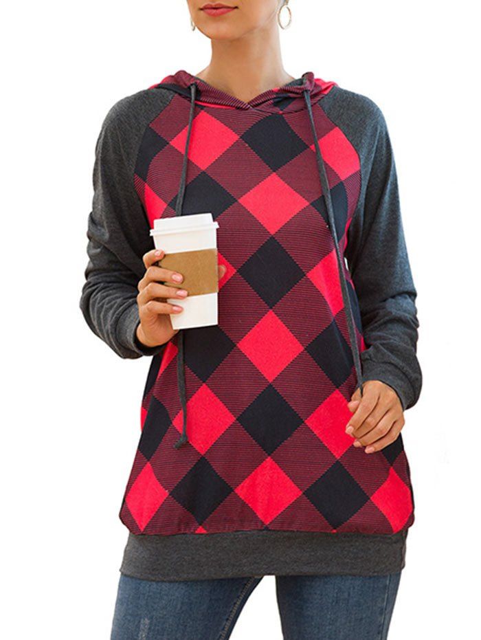

Plaid Raglan Sleeve Drawstring Tunic Pocket Hoodie, Red