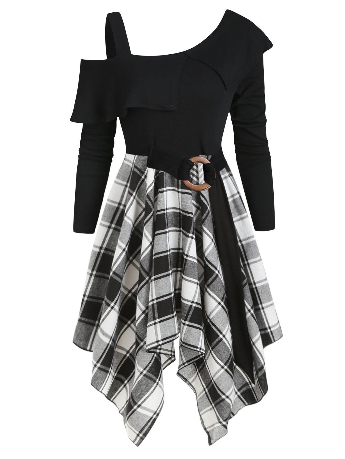 

Plaid Skew Neck Flounce Asymmetrical Dress, White