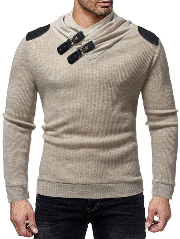 

PU Leather Patched Shawl Collar Sweater, Khaki