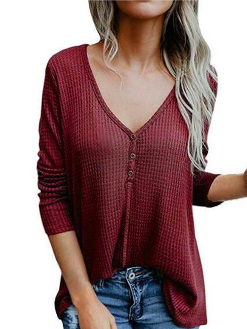 

Snap Button Longline V Neck Top, Red wine