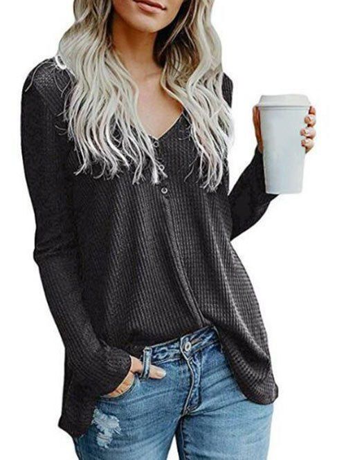 

Snap Button Longline V Neck Top, Dark gray