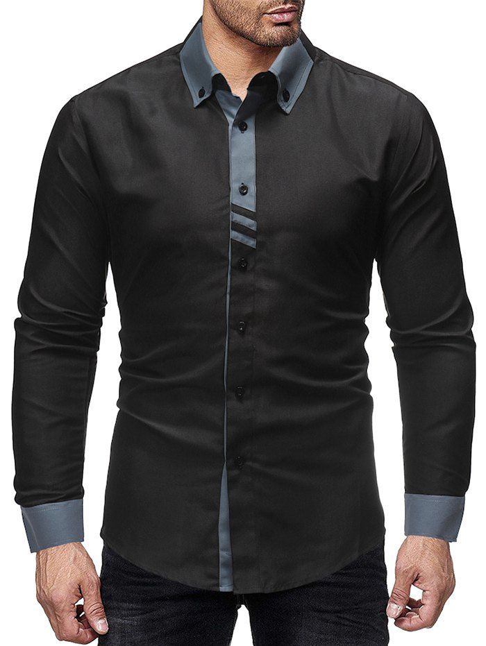 

Color-blocking Spliced Long Sleeve Button Shirt, Black