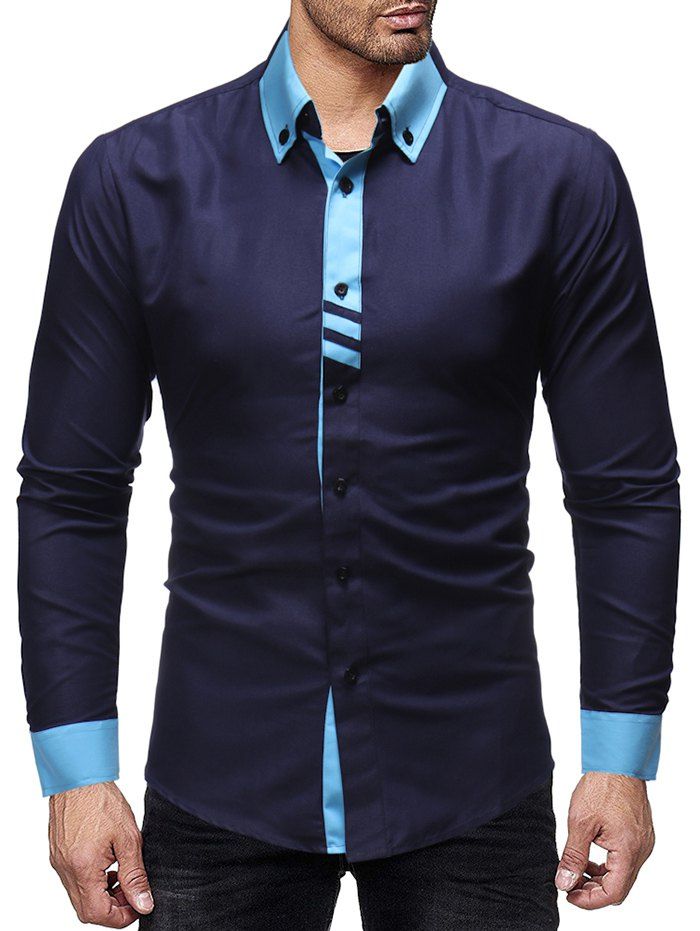 

Color-blocking Spliced Long Sleeve Button Shirt, Cadetblue