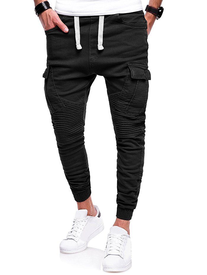 

Pleated Spliced Flap Pocket Drawstring Jogger Pants, Black