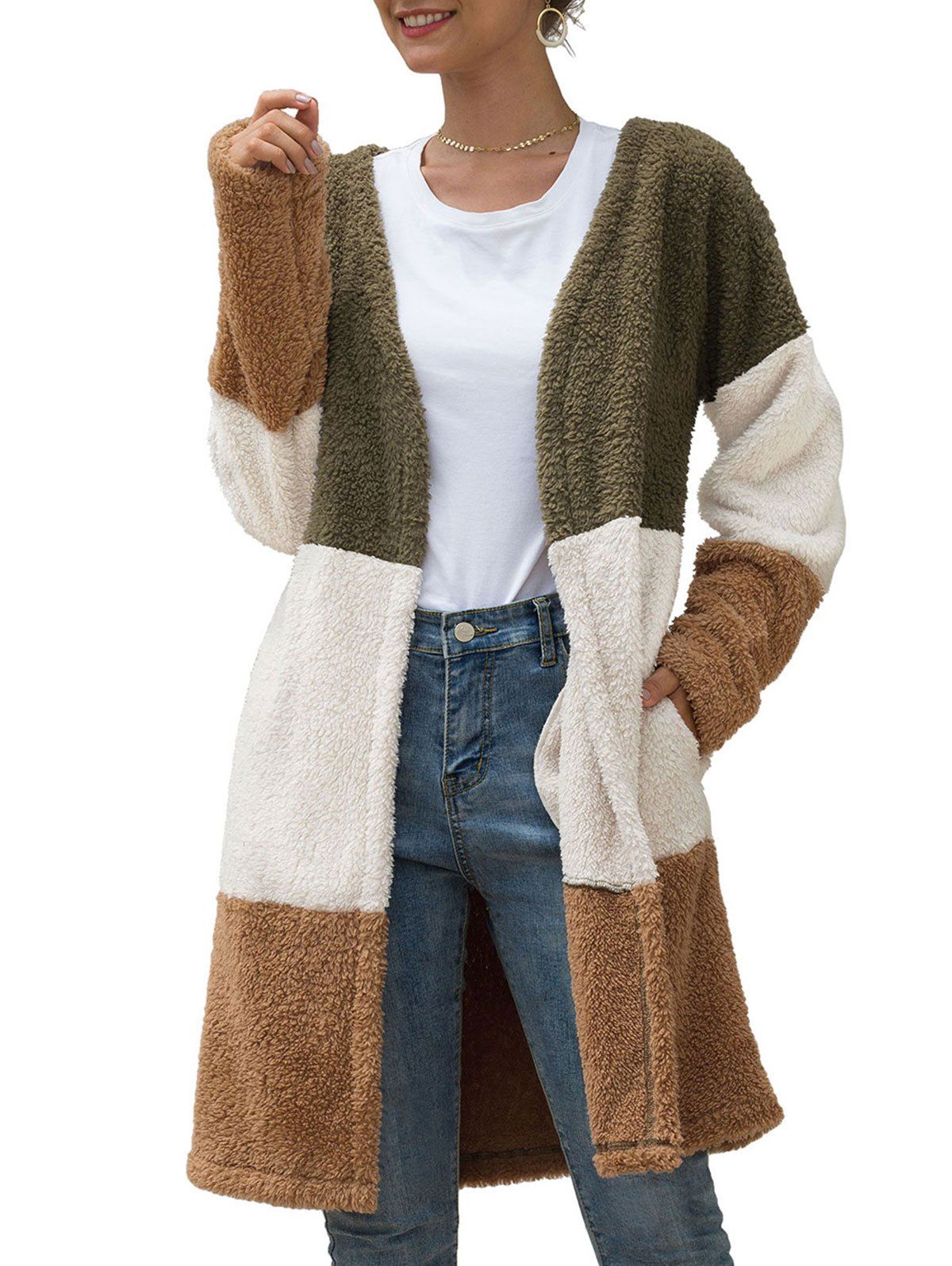 

Open Colorblock Long Fluffy Teddy Coat, Multi-a