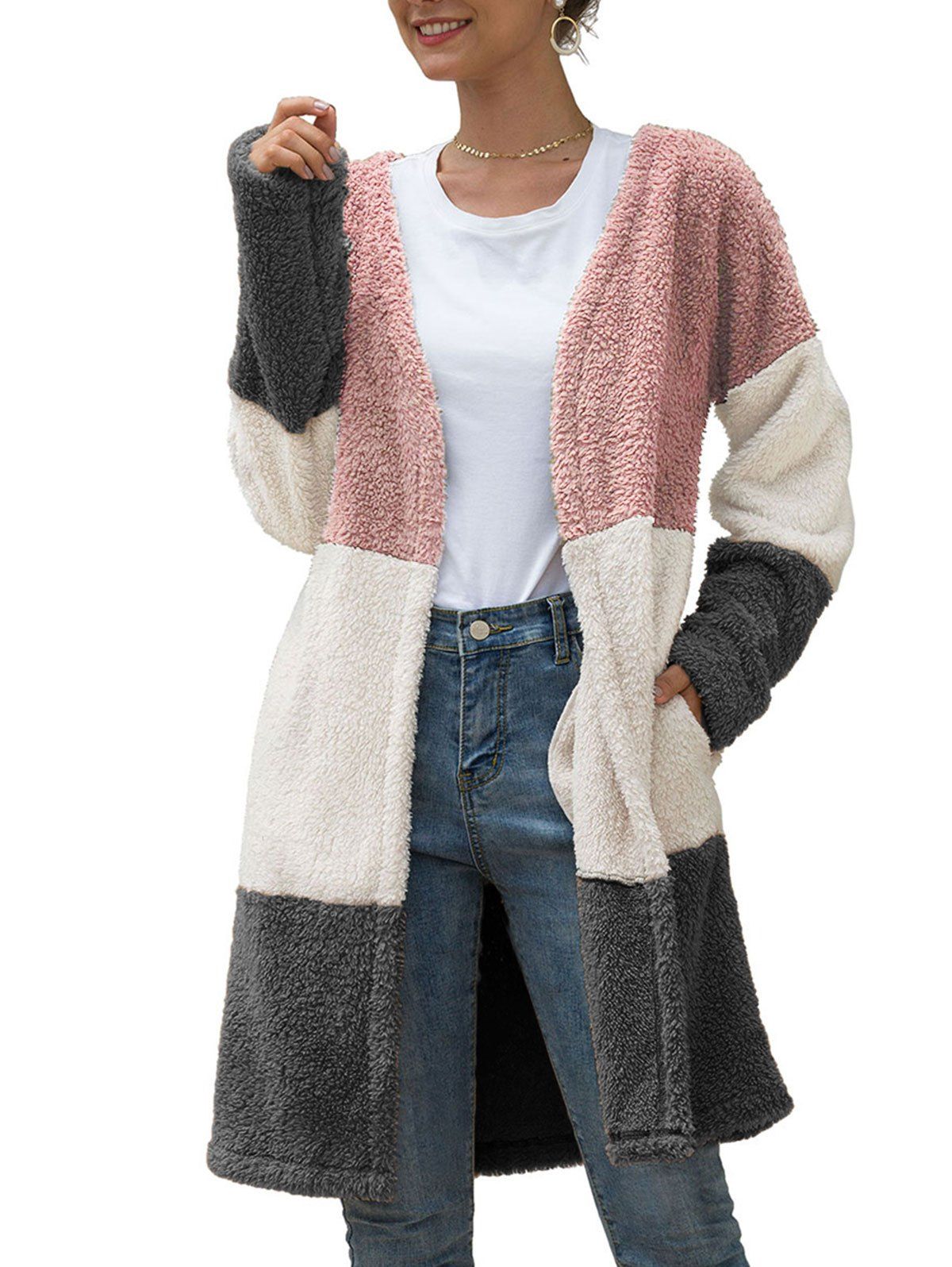 

Open Colorblock Long Fluffy Teddy Coat, Multi-b
