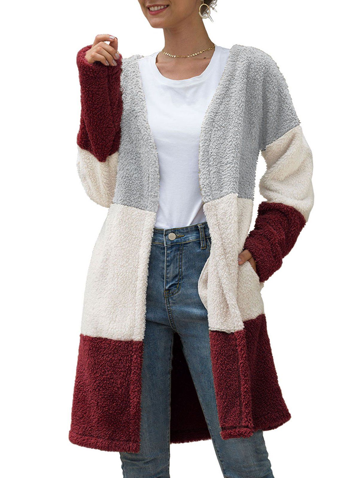 

Open Colorblock Long Fluffy Teddy Coat, Multi-c