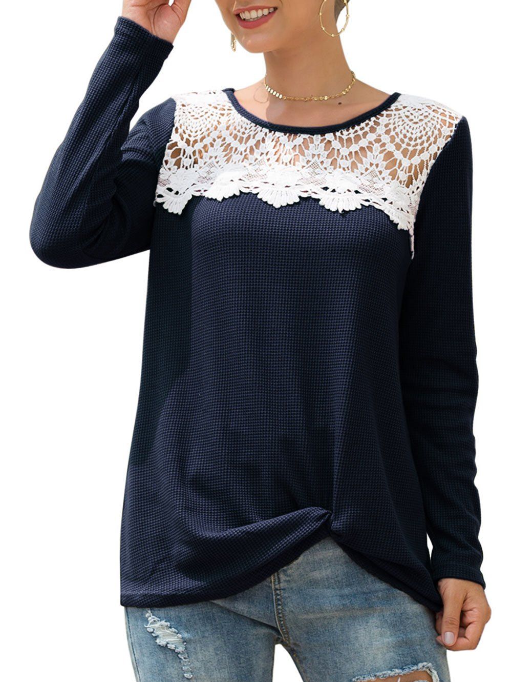 

Knitted Crochet Panel Twist Long Sleeve Tee, Blue