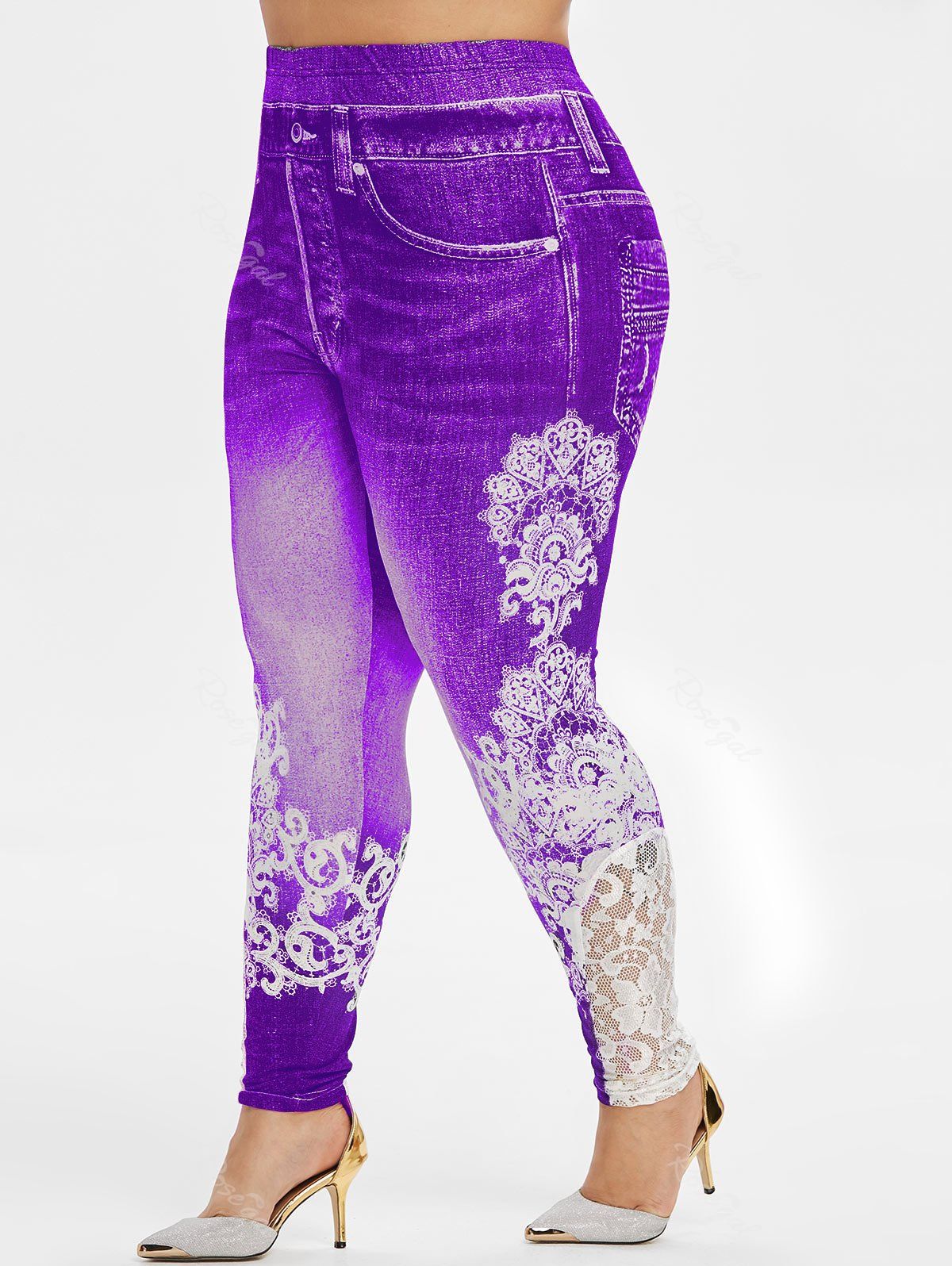 

Plus Size High Rise Lace Panel 3D Print Jeggings, Dark orchid