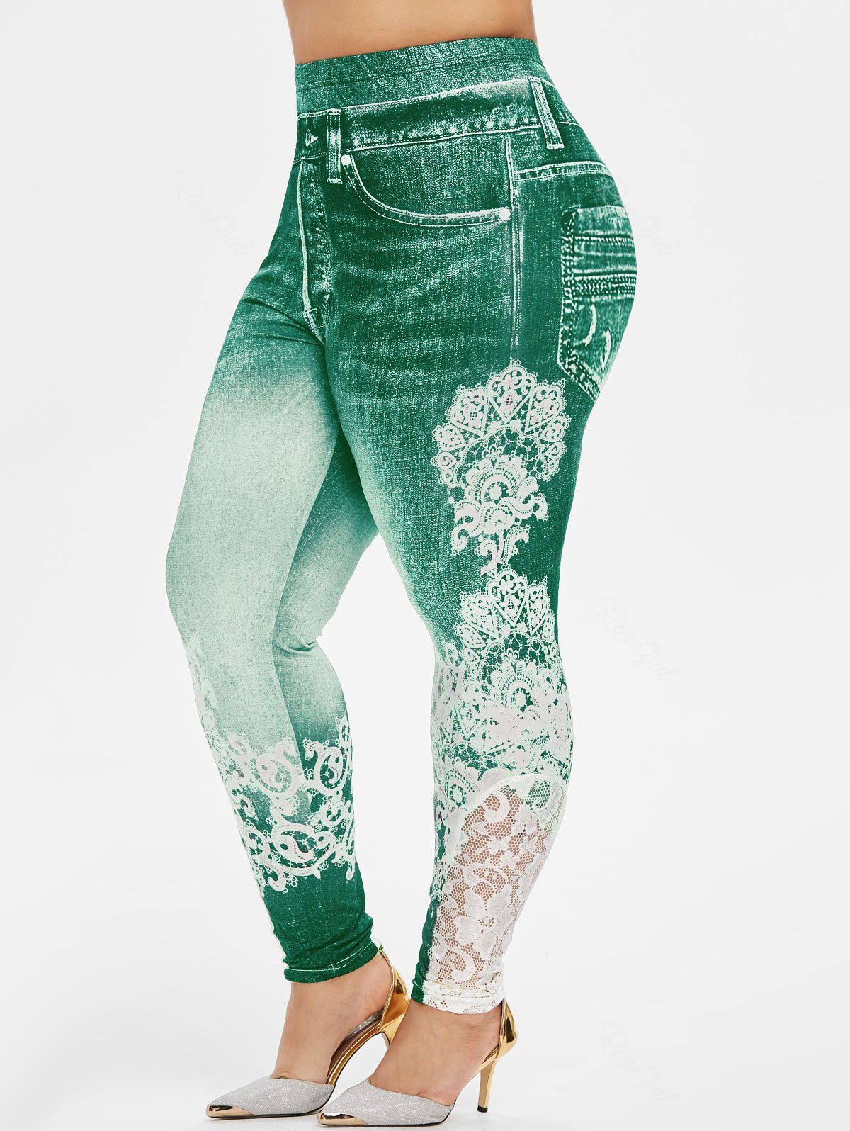 

Plus Size High Rise Lace Panel 3D Print Jeggings, Macaw blue green