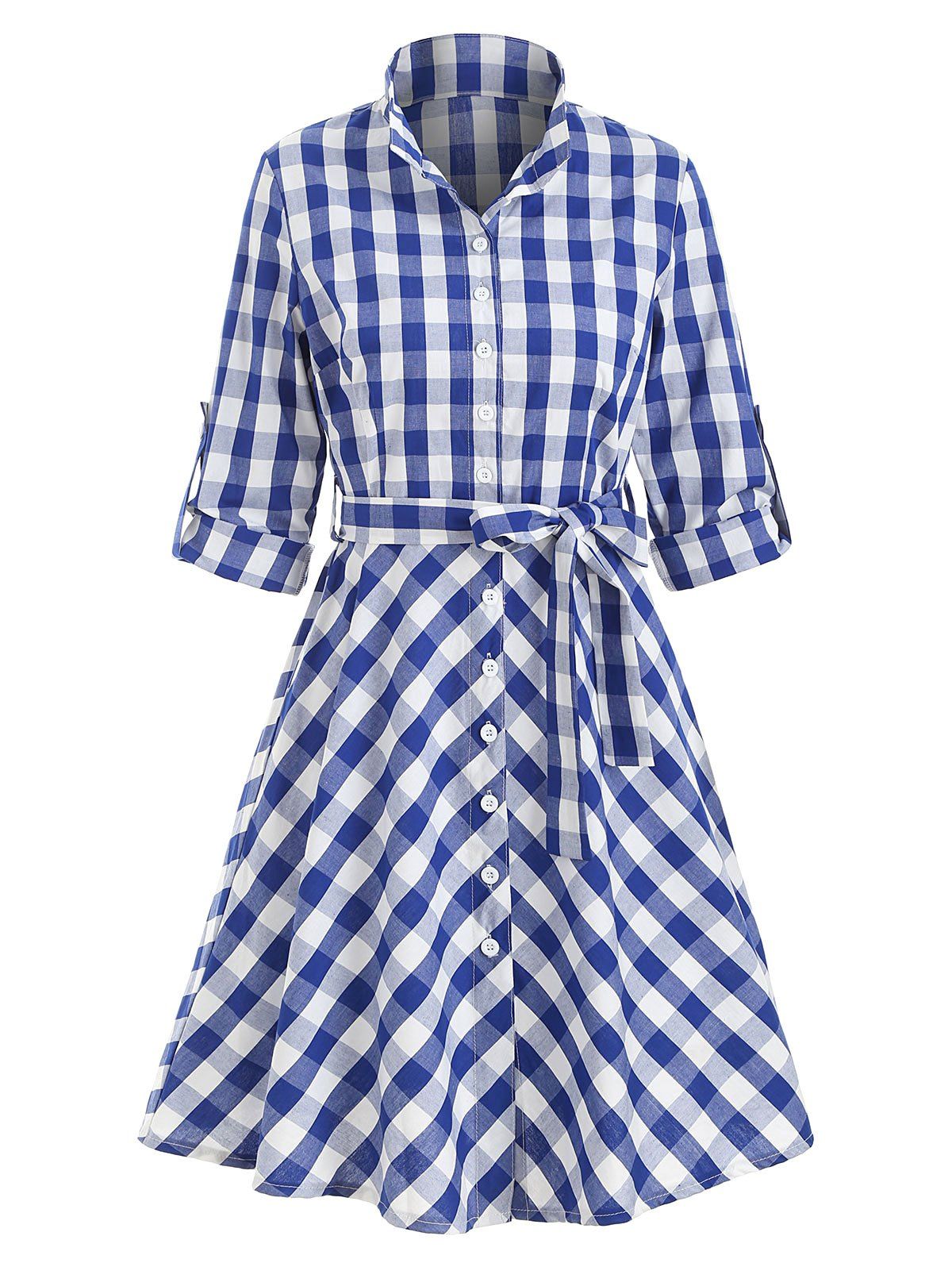 

Button Up Plaid Belted Mini Dress, Blue