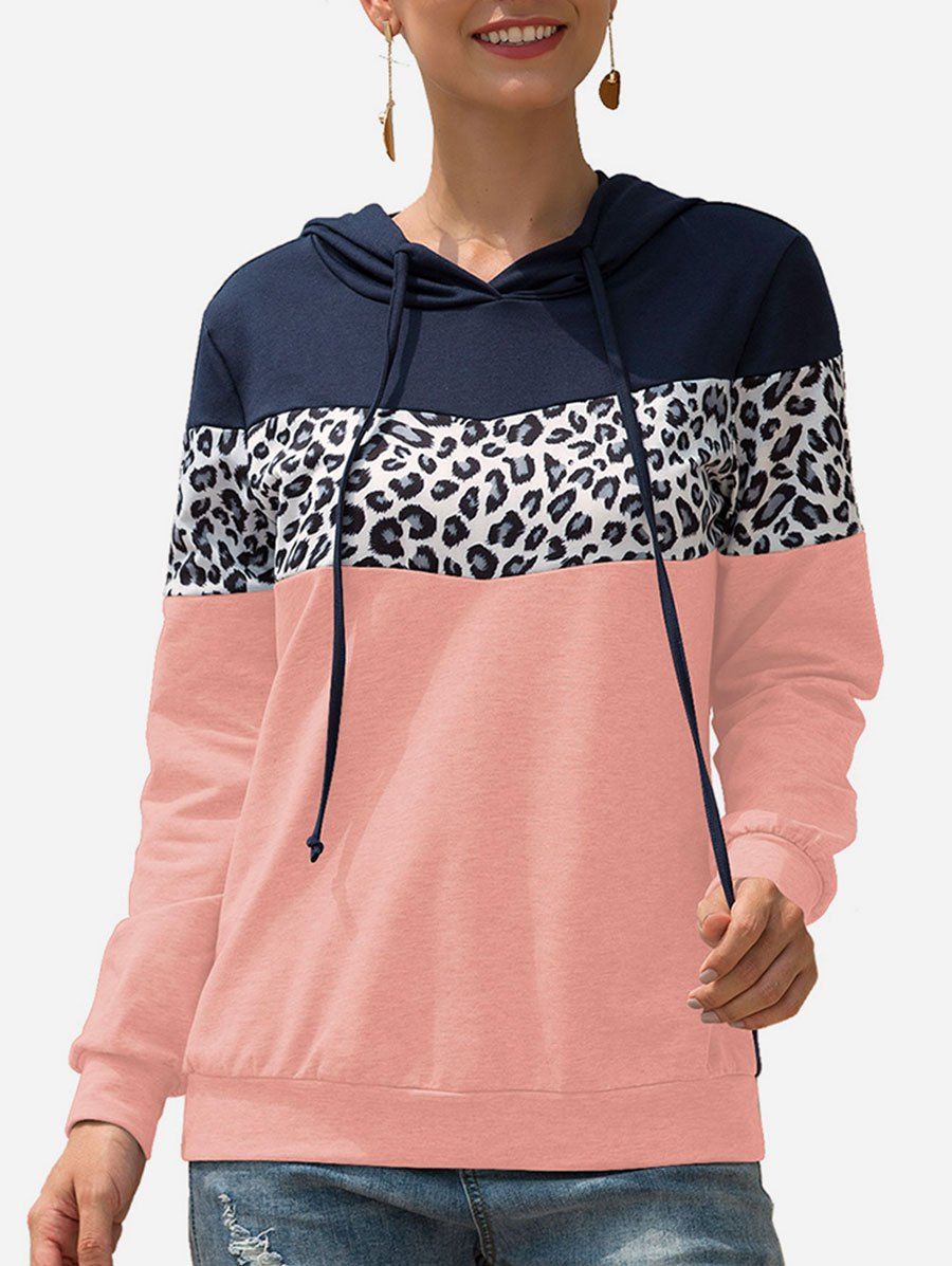 

Contrast Leopard Colorblock Pullover Hoodie, Pink