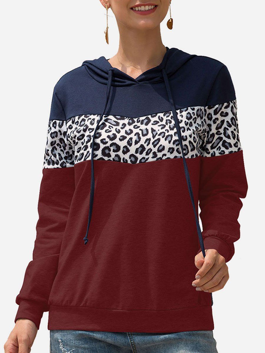 

Contrast Leopard Colorblock Pullover Hoodie, Red wine