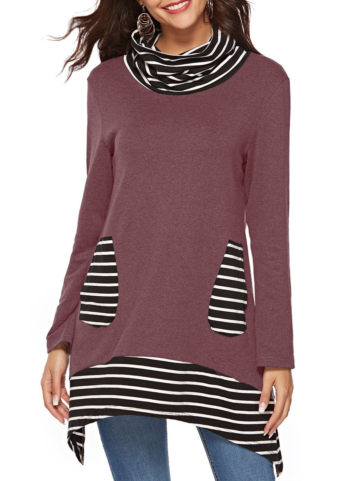 

Cowl Neck Striped Pockets Long Sleeves Tee, Tulip pink