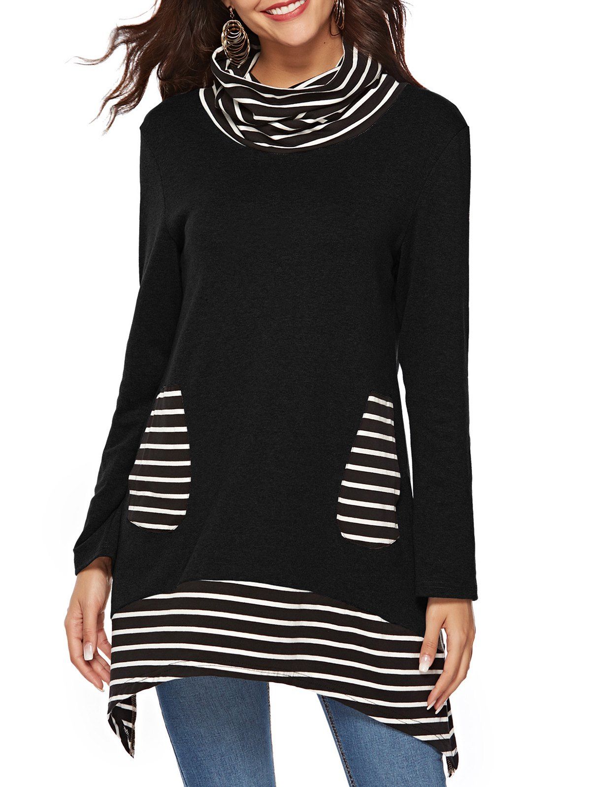 

Cowl Neck Striped Pockets Long Sleeves Tee, Black