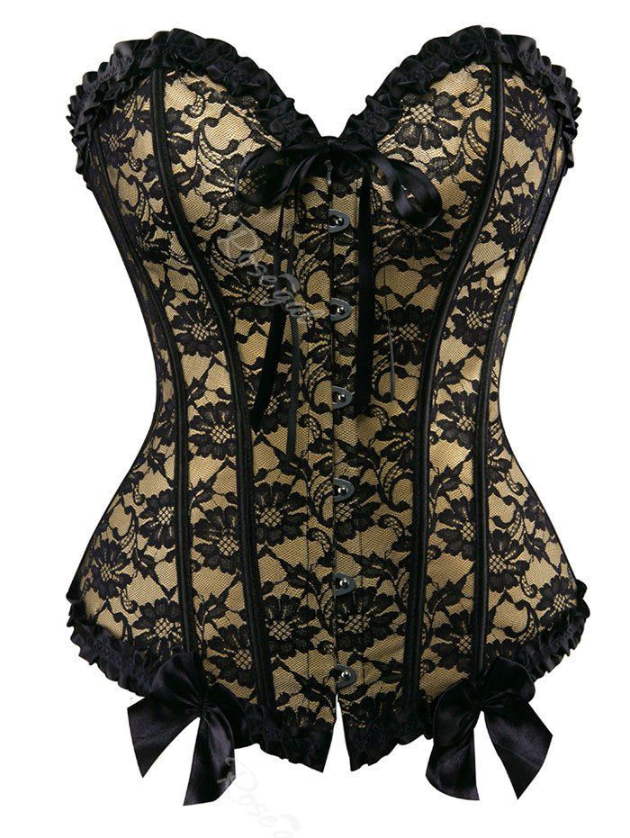 

Plus Size Lace Jacquard Ruffles Bowknot Corset, Beige