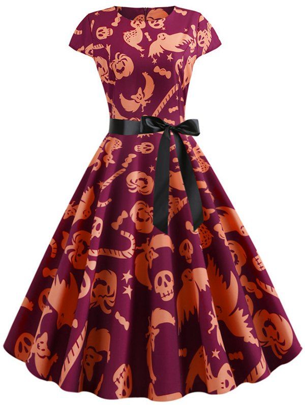 

Ghost Pumpkin Bat Cap Sleeves Belted Halloween Dress, Multi